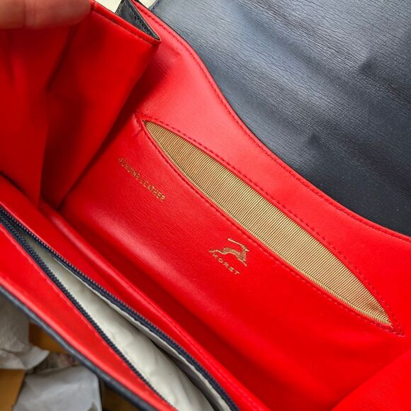 VTG 50s 60s Korent Navy Genuine Leather Top Handle Bag Gold Hardware Red Lining - Picture 3 of 14